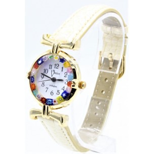 Orologio Donna Dorato Pelle watch in Vetro di Murano Murrina Millefiori
