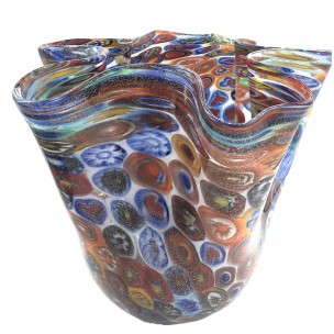 Vaso Fazzoletto Murrine Millefiori e foglia oro zecchino  Murano Glasses Made in Italy h 15 diam 17