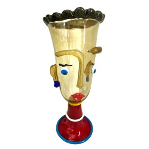Vaso Decorativo Volto Donna in Vetro di Murano, Multicolore con Oro Zecchino Arte Moderna Veneziana