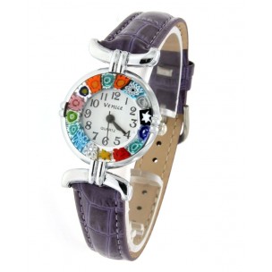 Orologio Donna Acciaio Pelle watch in Vetro di Murano Murrina Millefiori